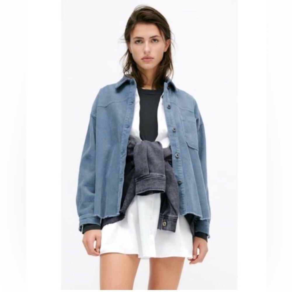 ZARA Oversized Blue Corduroy Shirt Jacket Shacket Pocket Front Sz Small